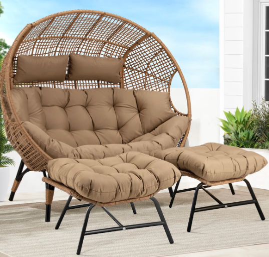 Double Egg Chair Outdoor Reclining Lounge with Ottomans and 6.5" Cushion