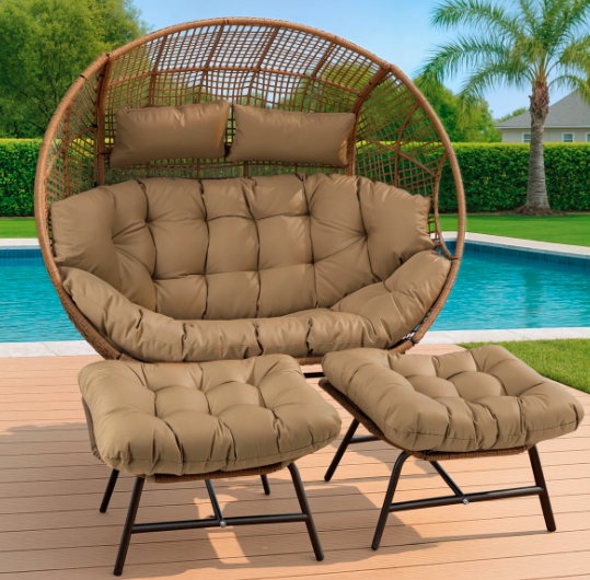 Double Egg Chair Outdoor Reclining Lounge with Ottomans and 6.5" Cushion