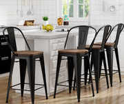 Metal Bar Stools with Backs Set of 4 – Farmhouse Industrial Wood Seat Stools