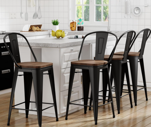 Metal Bar Stools with Backs Set of 4 – Farmhouse Industrial Wood Seat Stools