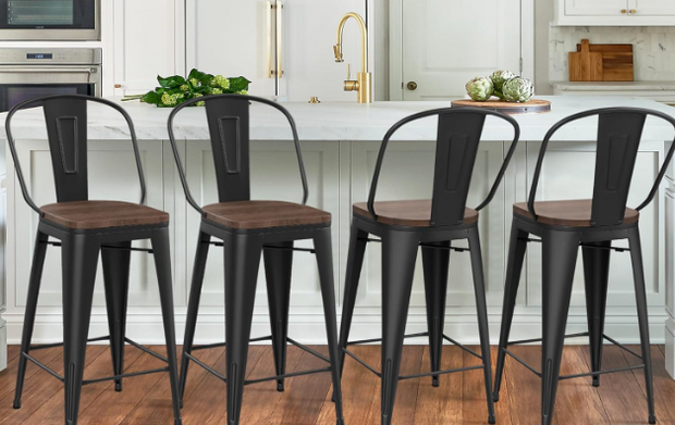 Metal Bar Stools with Backs Set of 4 – Farmhouse Industrial Wood Seat Stools