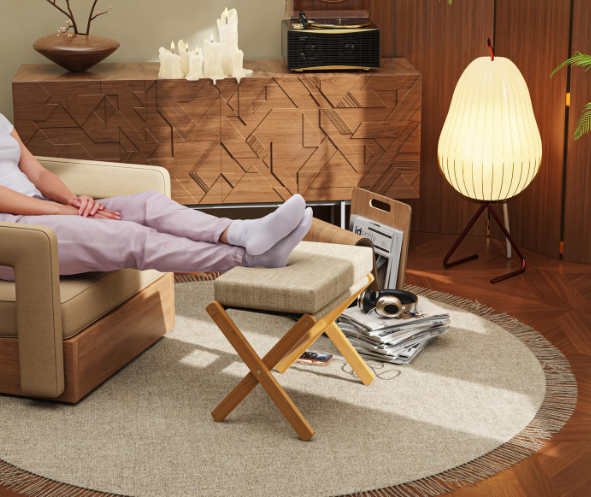 Foldable Footstool Ottoman – Bamboo X-Leg Vanity Chair with Chenille Cushion