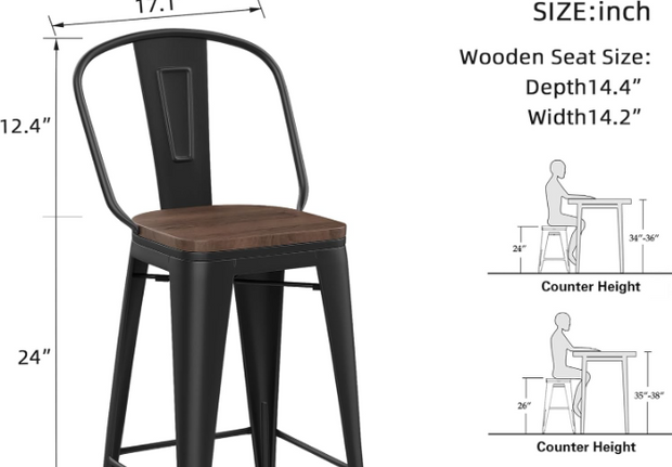 Metal Bar Stools with Backs Set of 4 – Farmhouse Industrial Wood Seat Stools