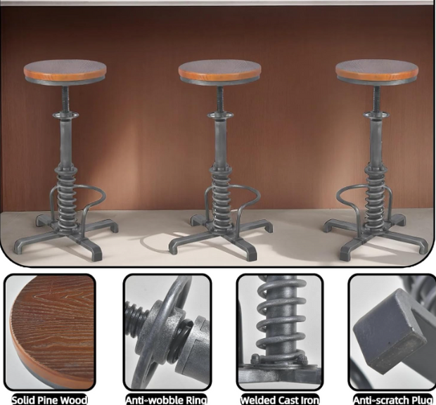 Industrial Adjustable Bar Stool – Rustic Metal Frame with Pine Wood Seat