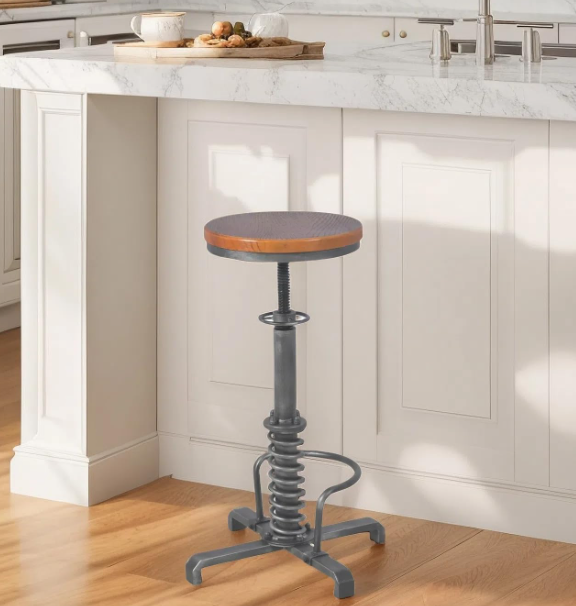 Industrial Adjustable Bar Stool – Rustic Metal Frame with Pine Wood Seat