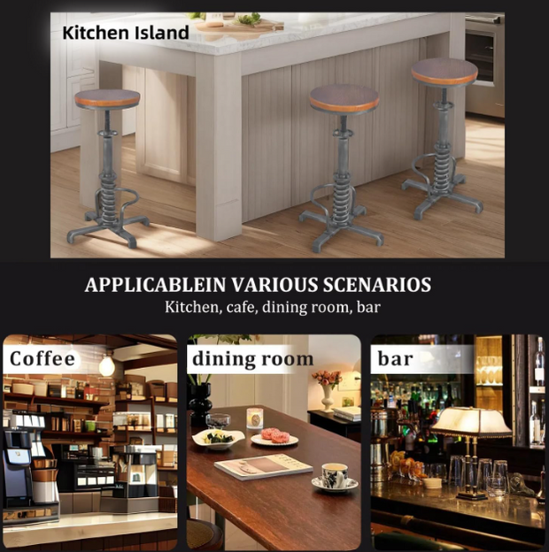 Industrial Adjustable Bar Stool – Rustic Metal Frame with Pine Wood Seat