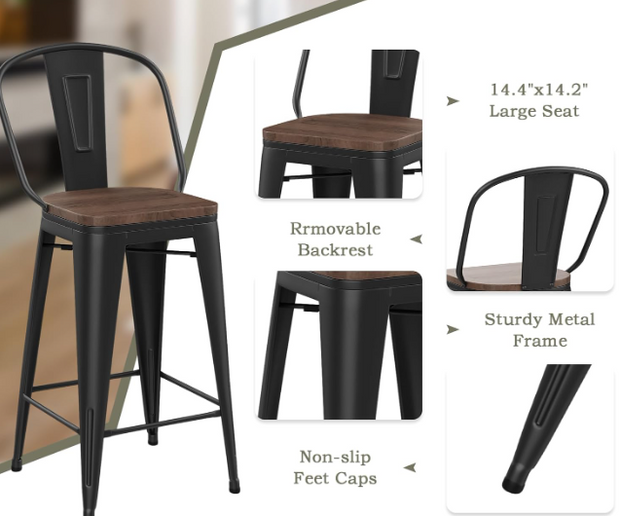 Metal Bar Stools with Backs Set of 4 – Farmhouse Industrial Wood Seat Stools