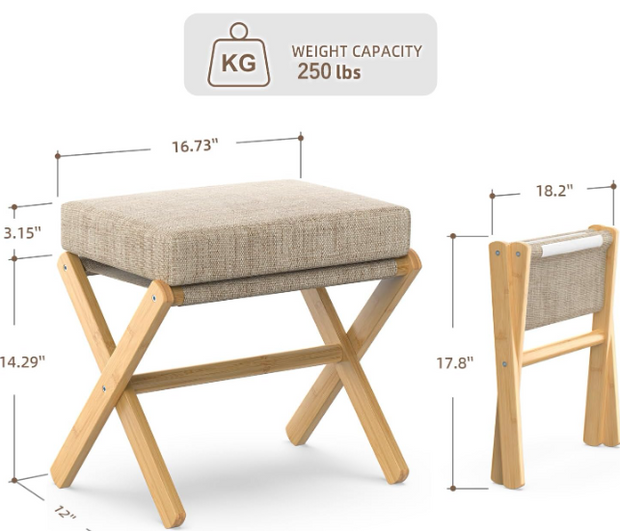 Foldable Footstool Ottoman – Bamboo X-Leg Vanity Chair with Chenille Cushion