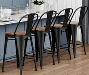 Metal Bar Stools with Backs Set of 4 – Farmhouse Industrial Wood Seat Stools