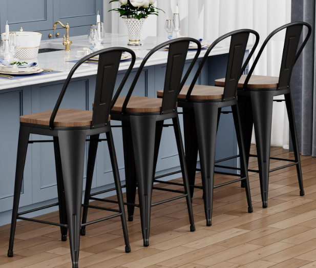 Metal Bar Stools with Backs Set of 4 – Farmhouse Industrial Wood Seat Stools