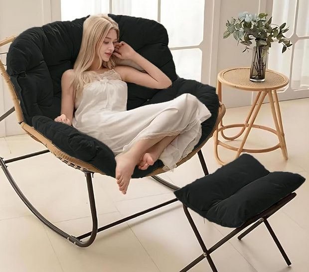 Wicker Papasan Rocking Chair with Footstool & Cushion