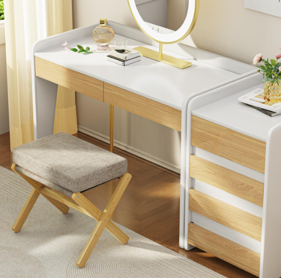 Foldable Footstool Ottoman – Bamboo X-Leg Vanity Chair with Chenille Cushion
